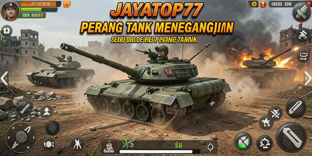 Tampilan antarmuka JAYATOP77 yang menampilkan aksi pertempuran tank.